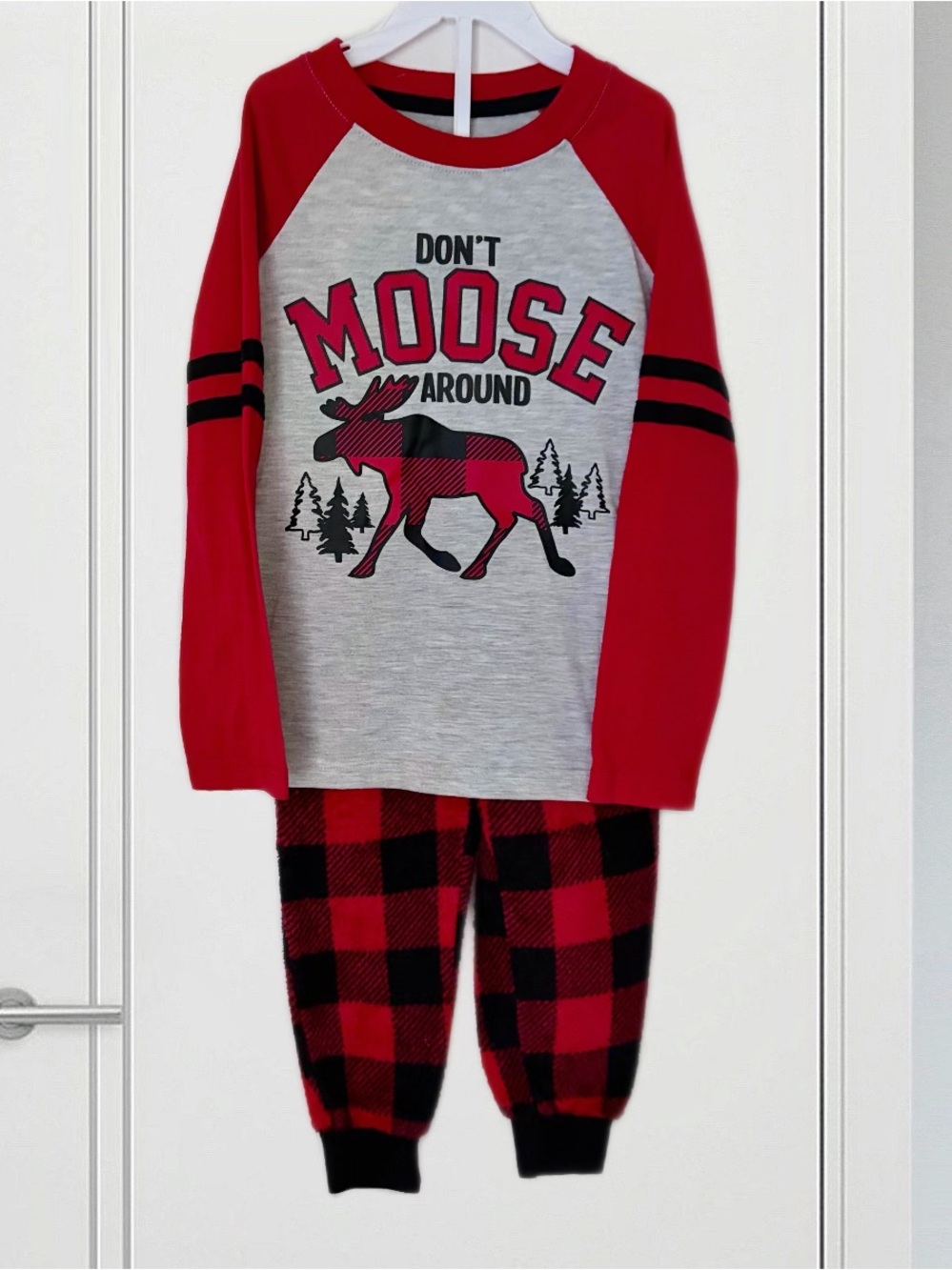 Boys "Don't Moose Around" Plaid Pajama Set - Long Sleeve & Fuzzy Pants, XS (4-5)